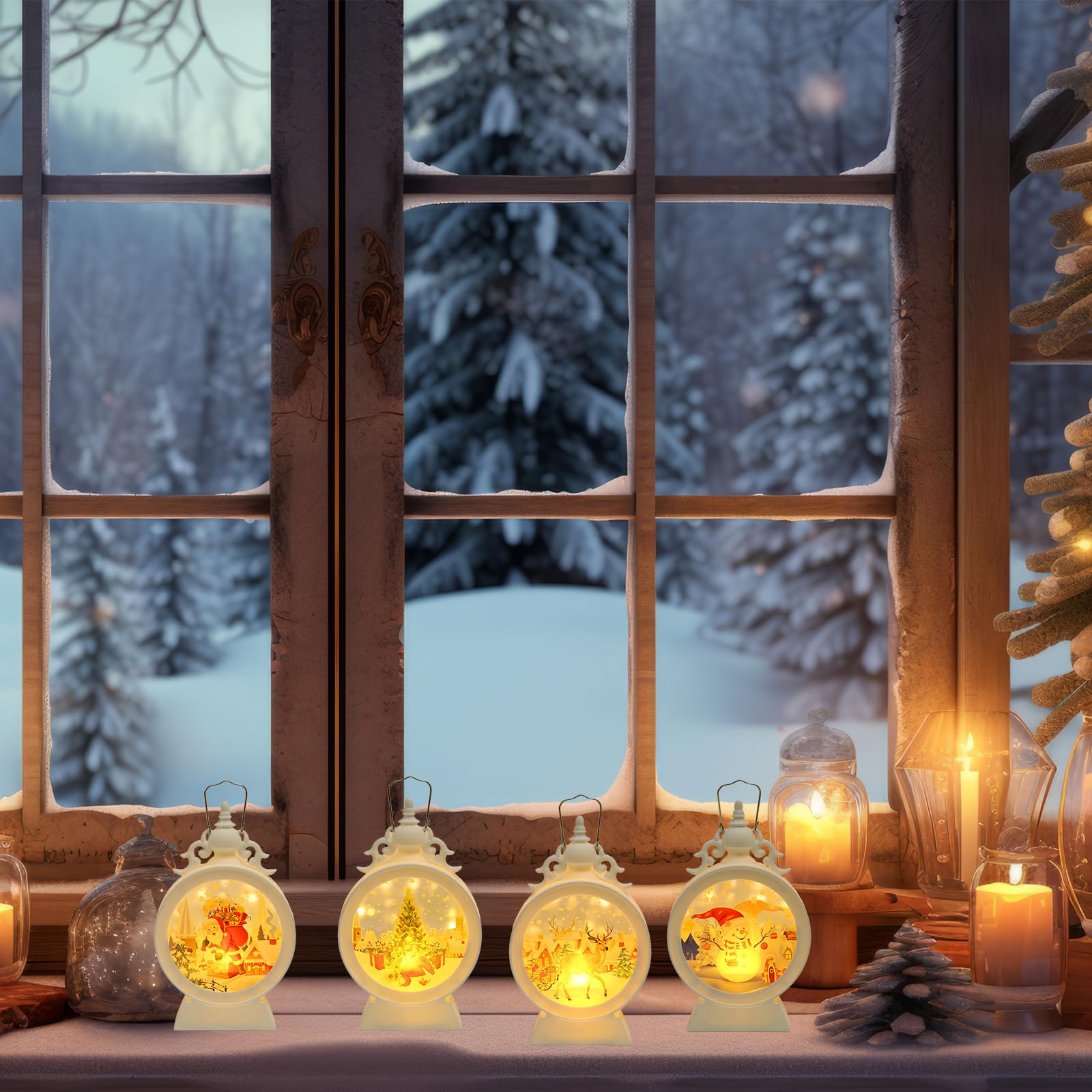 Lot De 4 Lanternes De Noël LED Motif Créatif - Photophore Sans Flamme, Piles Incluses - Décoration Halloween, Ramadan, Noël