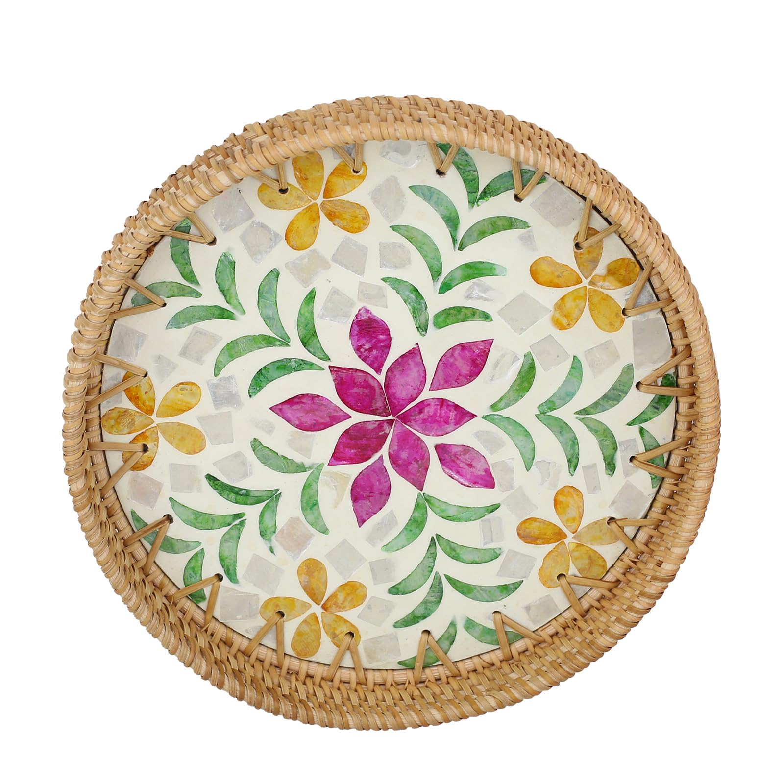 Natural woven rattan round storage tray, inlaid with mother-of-pearl, handcrafted tray suitable for snacks, bread, breakfast, etc., eco-friendly home and tabletop decoration