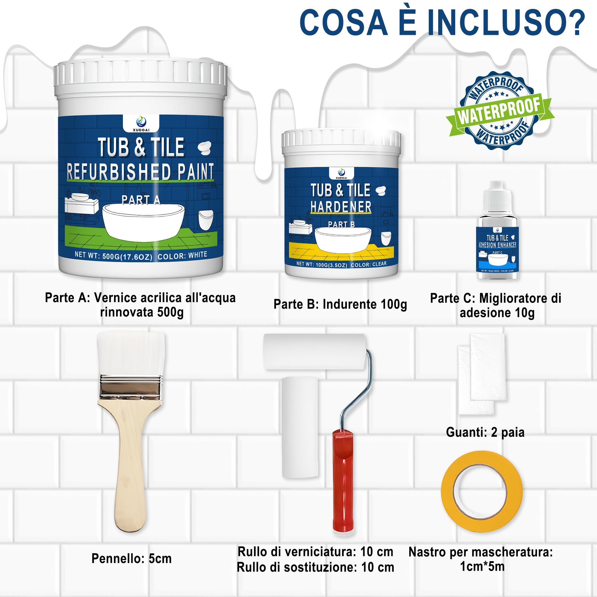 XUDOAI Smalto Sanitari e Ceramiche Vernice Bianco Lucido 610g, Pittura per Piastrelle Bagno/Cucina/Doccia/Porcellana/Lavello/Ceramica Rinnovo del Colore e Copertura Superficiale