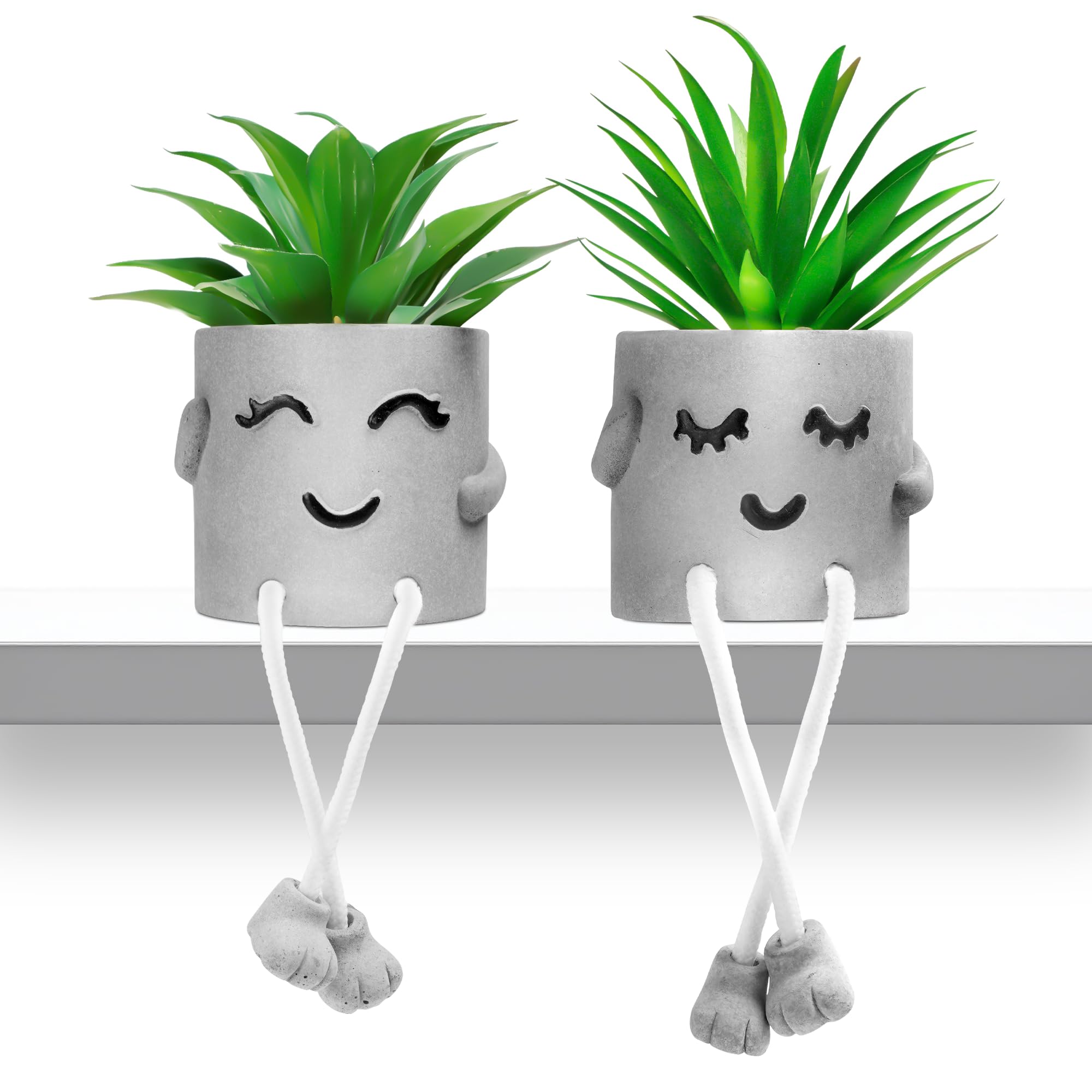 Artificial Plants Indoor with Creative Emotional Pots, Green Fake Succulent for Home Decor, Bathroom, Bedroom Office Desk Shelf, No Maintenance Faux Potted Greenery with Hanging Leg for New Home Gifts