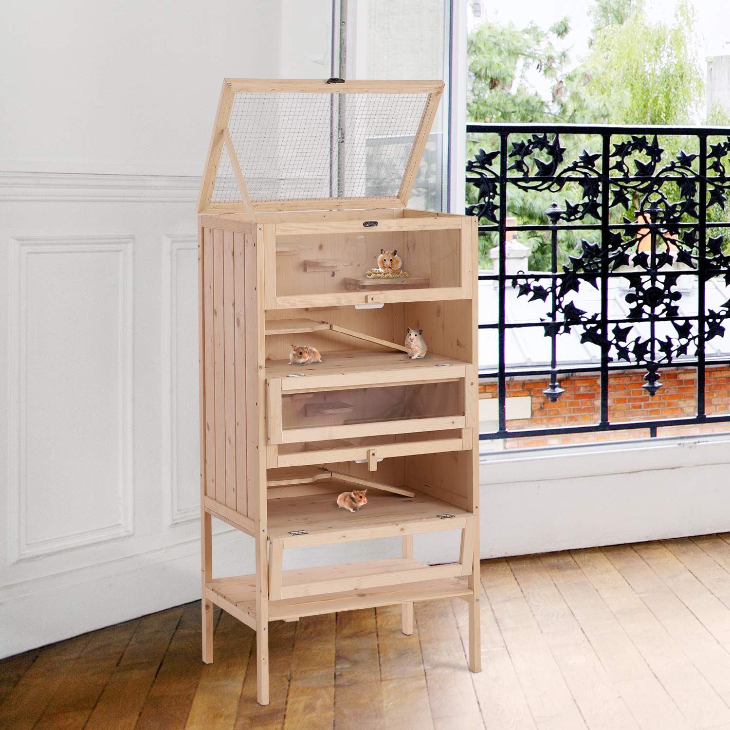 PawHut Gabbia per Roditori e Criceti a 4 Ripiani con Tetto Apribile in Legno 60x40x120cm