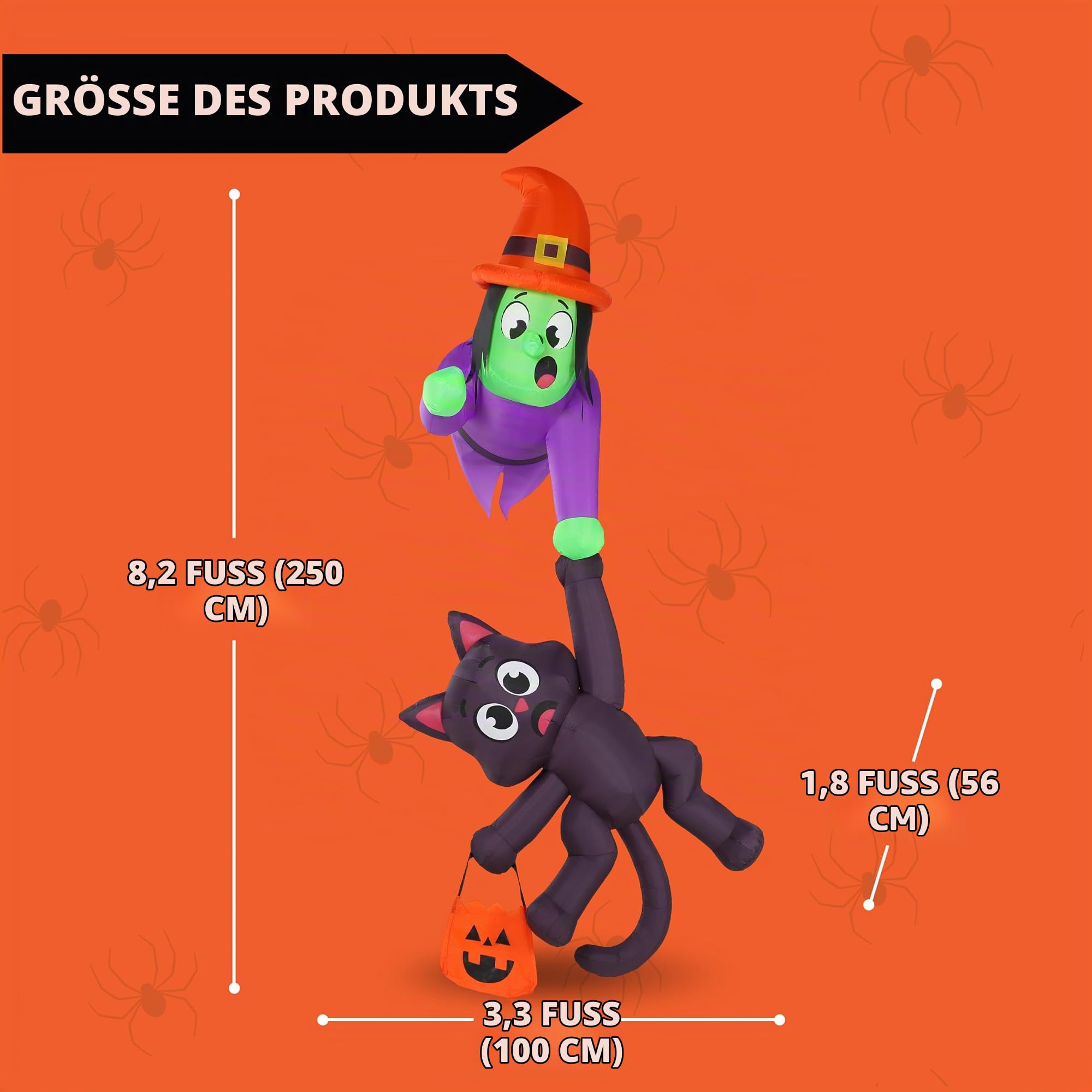 JOYIN 2,44 m hohe aufblasbare Halloween-Dachdekoration, Hexe und Schwarze Katze, aufblasbare Dekoration mit LED-Lichtern, riesige aufblasbare Halloween-Artikel für den Außenbereich, Hof
