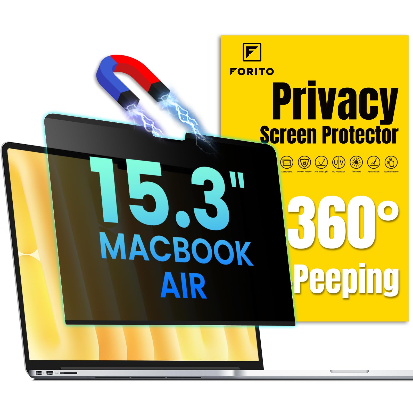 F FORITO Magnetic Privacy Screen Protector Compatible with MacBook Air 15.3 inch (2023-2025, M2, M3, M4), Removable 360° Anti Peeping Anti Blue Light Anti Glare Laptop Privacy Screen Shield