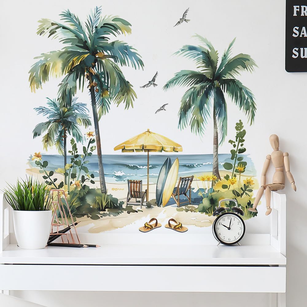 Summer Beach Coconut Tree Wall Stickers Green Plant Removable Wall Decals for Bathroom Bedroom and Living Room