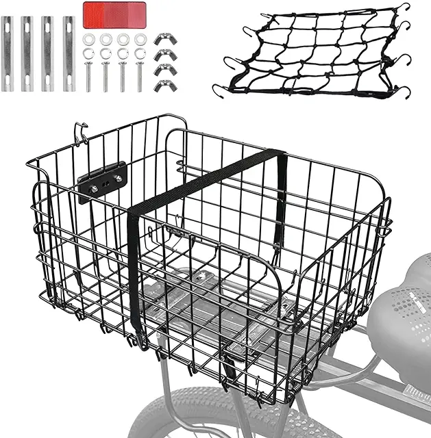 RainFlowwer Black Large Rear Bike Basket with Cargo Net - 20kg Capacity