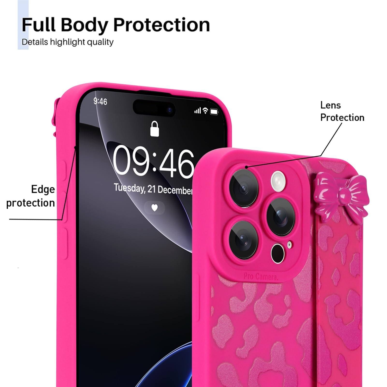 Ufbara Compatible With IPhone 16 Pro Max Case For Girls Women, Cheetah Leopard Print, Built In Adjustable Metal Bow Wrist Strap Loop Grip Hand Holder Kickstand Soft Silicone Cover, Hot Pink