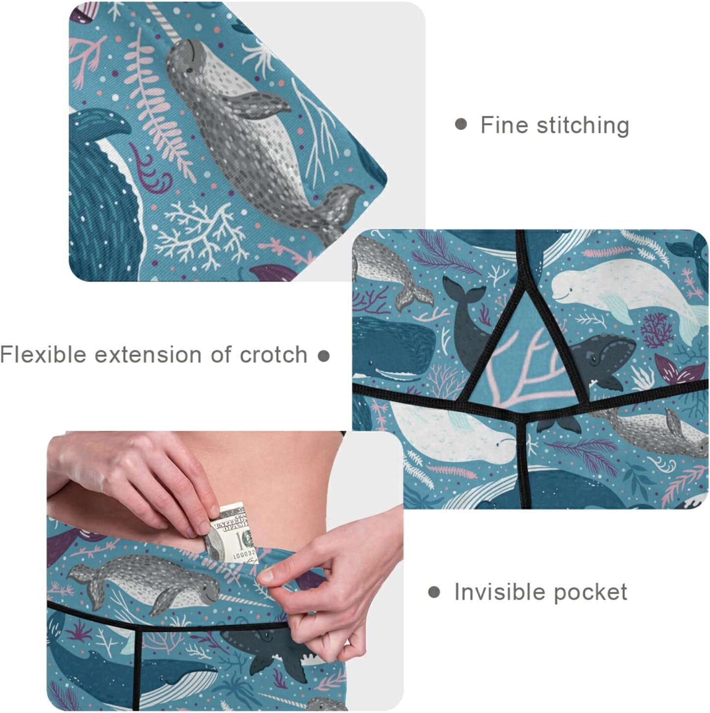 visesunny High Waist Yoga Pants with Pockets Blue Whale Marine Mammal Dot Buttery Soft Tummy Control Running Workout Pants 4 Way Stretch Pocket Leggings