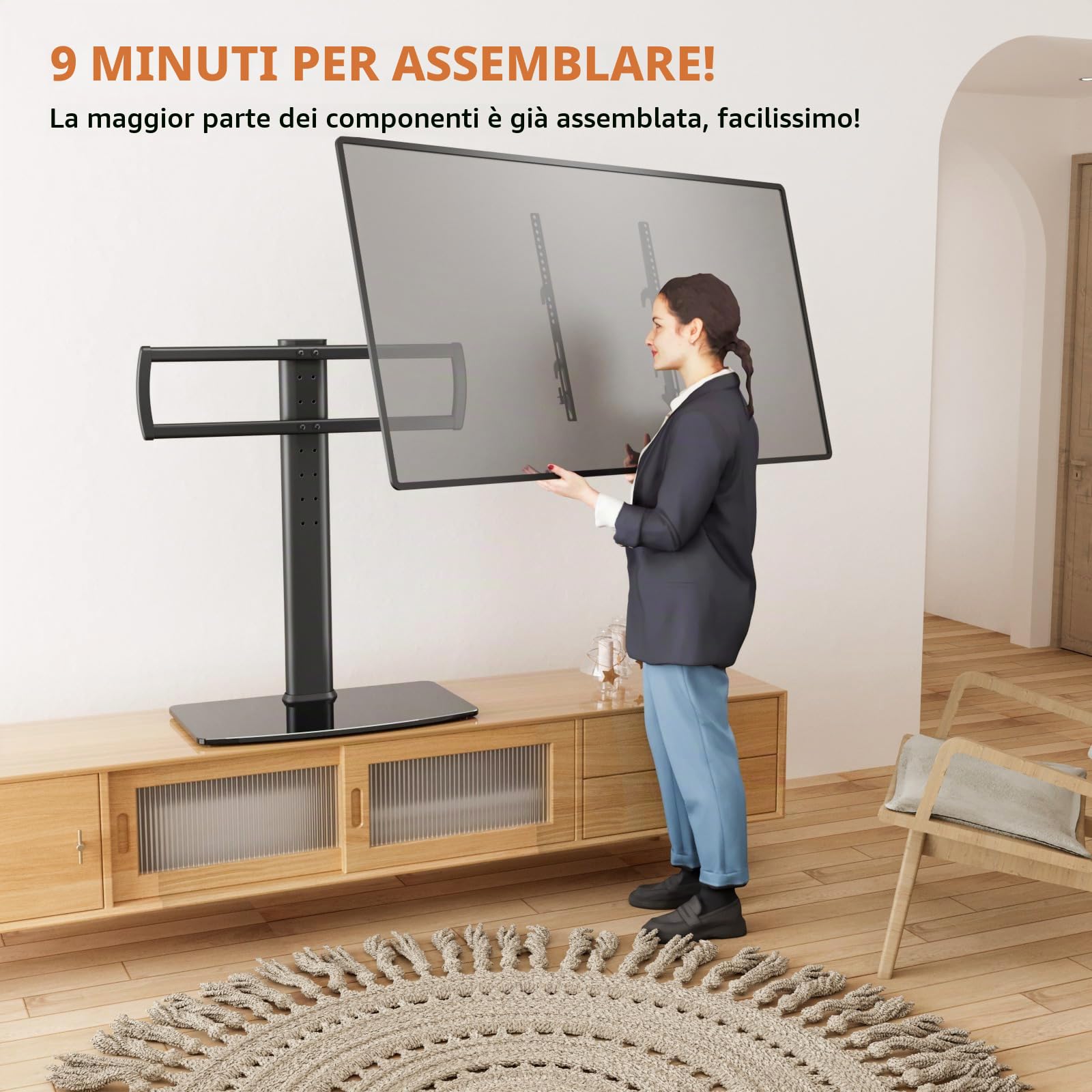 Hemudu Supporto TV da Tavolo, Piedistallo TV Universale per 40 a 86 pollici, Staffa TV Regolabile in Altezza a 5 livelli, Base in Vetro Temperato ad Alta Resistenza, MAX 60 kg, VESA Massimo 600x400 mm