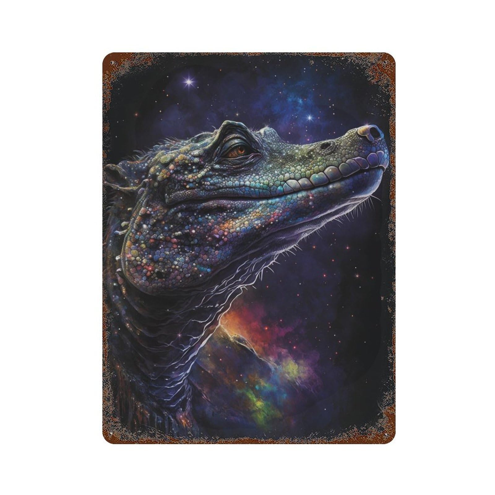 Galactic Crocodile Art Print-4 Vintage Rust Metal Sign 15.7"x11.8", Ideal for Bistro, Counter And Cafe Decor