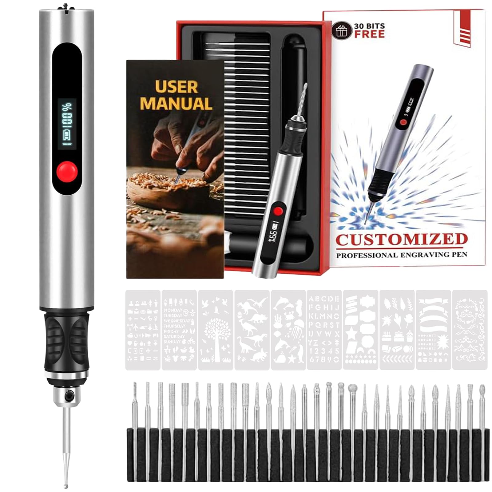 Gravion Pen, Stylo Graveur, Stylo Graveur Electrique, Machine de Gravure Rotative Portable, avec 30 Têtes Broyage Remplaçables, pour Joaillerie, Bois, Verre, Pierre, Gravure 60+ Surfaces (Argent)