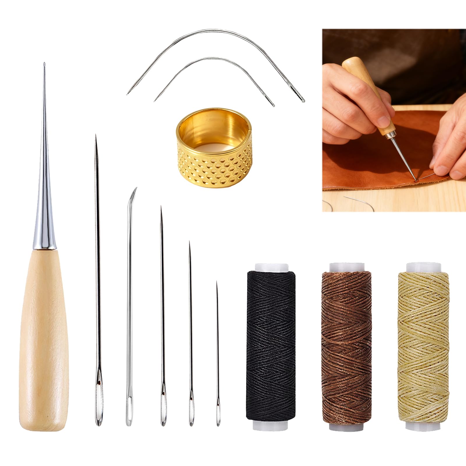 12 Pack Leather Needle and Thread, 30M Waxed Thread Kit, Hand Sewing Set with Awl Curved & Straight Needles Thimble for DIY Leather Repair Fabric Craft Bags Belts Shoes Wallets Furniture Stitching