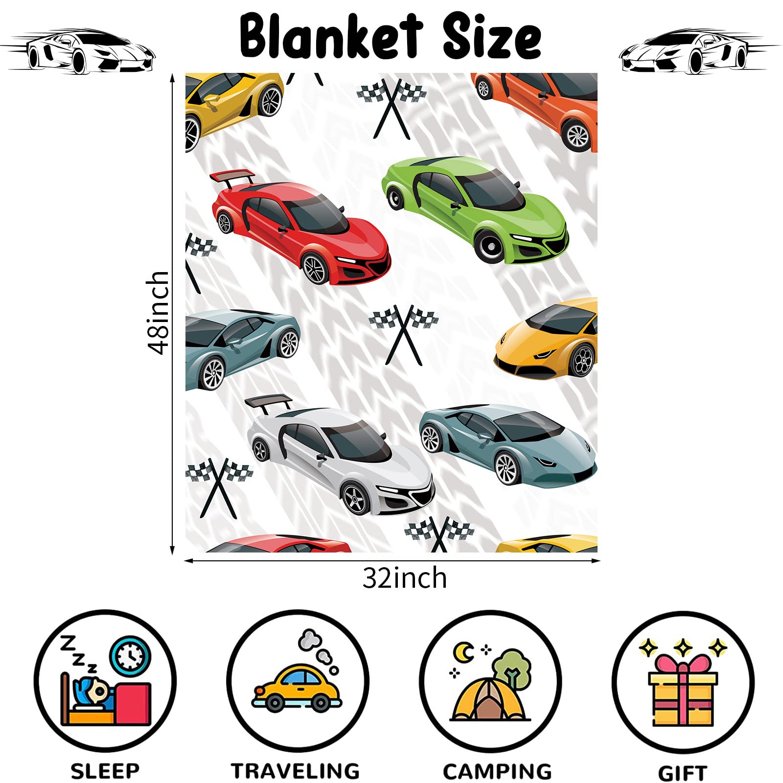 Racing Car Blanket for Boys Soft Race Sport Car Theme Flannel Blanket for Nursery Baby Crib Cozy Multicolor Cars Fluffy Throw Blanket with Race Checkered Flag for Newborn Toddler Gift 80 x 120 cm - Image 2