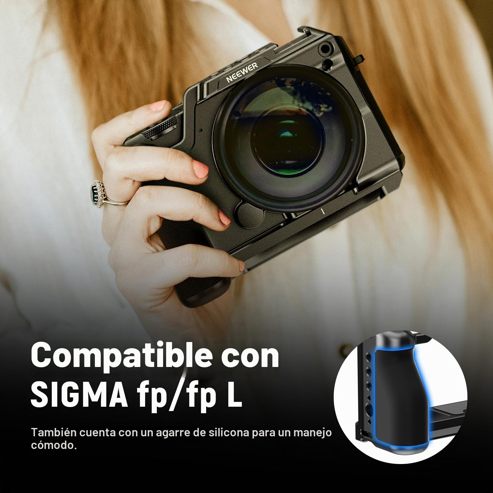NEEWER Jaula para fp/fp L, Jaula de Cámara Metal con Soporte EVF-11, Roscas 1/4" y 3/8", Placa Liberación Rápida Arca, Agarre Ergonómico Silicona Compatible con Sigma fp fpL dji RS 4 Pro Gimbal,CA132