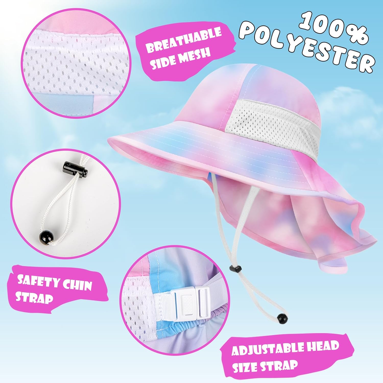 Toddler Baby Sun Hat Kids Summer UPF 50+ for Boys Girls Adjustable Beach Hats with Bucket Wide Brim Age 1-7 Years - Image 3