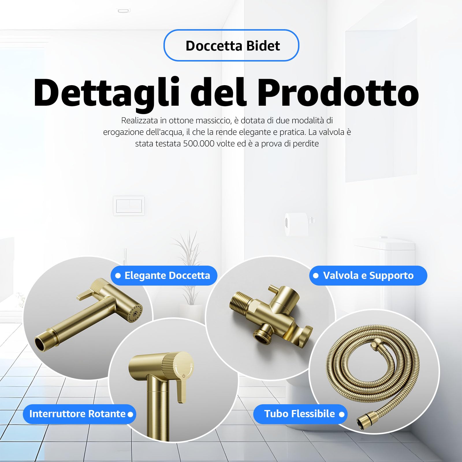 Kit Doccetta per Bidet, 2 modalità Spruzzatore per WC con 1.2m Tubo Flessibile Acciaio Inox e Supporto, Kit Doccetta a Mano Ottone per Bidet, Igiene Personale e Animale, G1/2, Oro