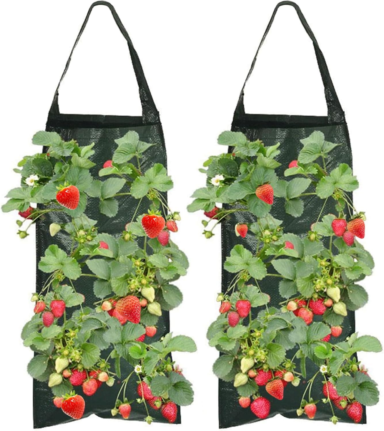 2 Pieces Strawberry Plant Hanging Bags, Vertical Polyethylene Hanging Plant Bags with 8 Suspended Holes for Growing Strawberries with Handles for Outdoor Gardening