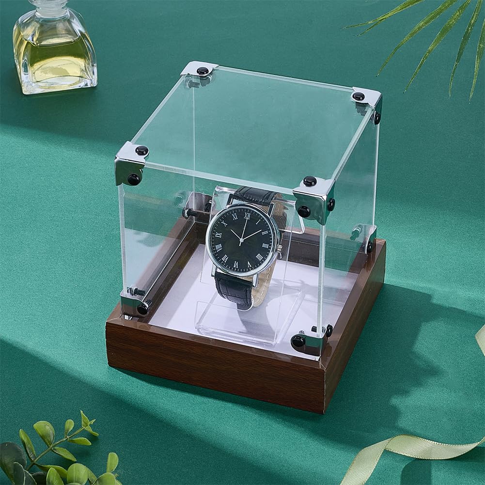 PH PandaHall Cajas de exhibición para relojes, funda para reloj individual de acrílico con base de madera, porta pulseras, joyas, expositor para relojes de hombre y mujer, 11,8 x 11,8 x 13,1 cm