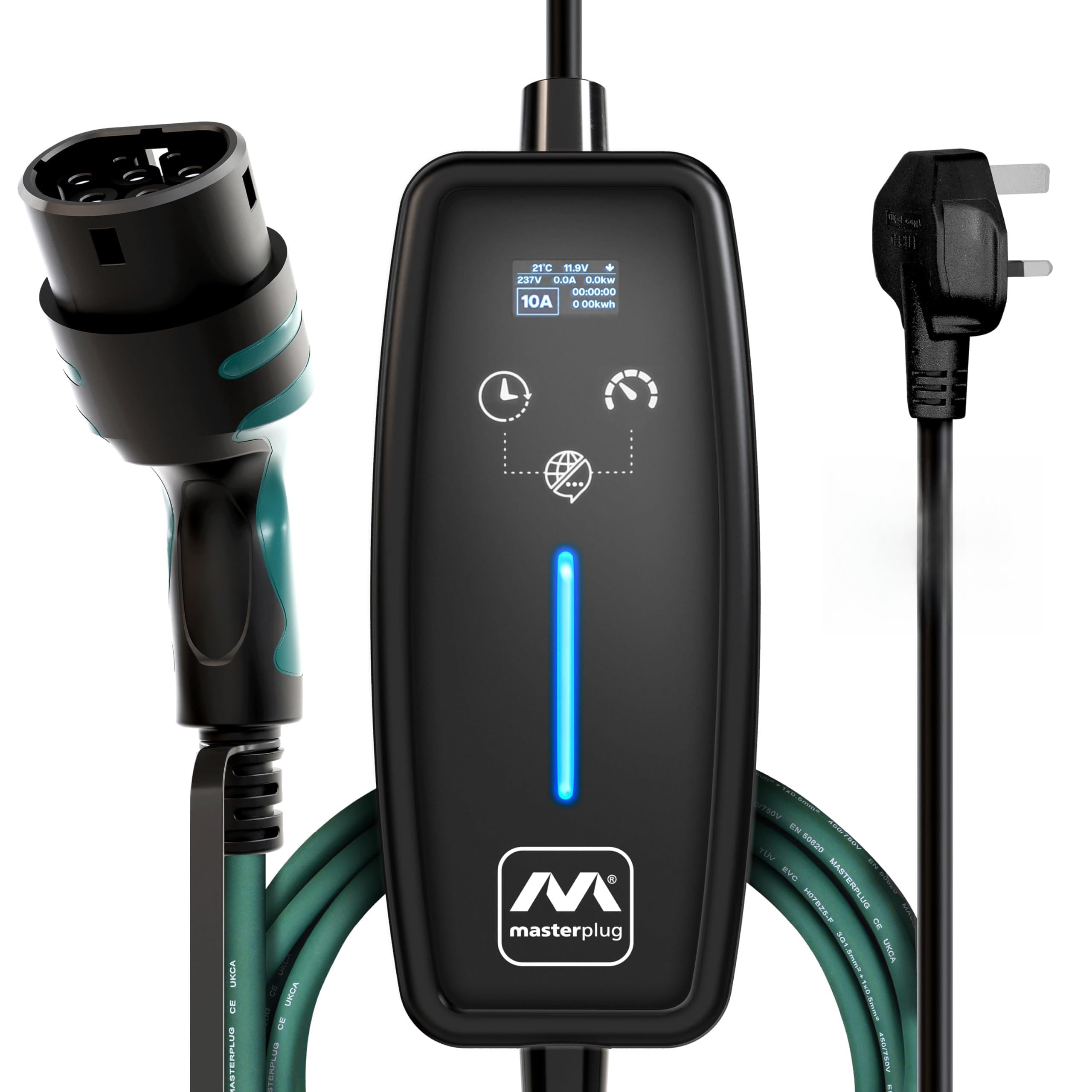 Masterplug EV Charging Cable for Electric and Hybrid Vehicles, 10 Metres, Mode 2, Delay Charging Function, 3 Pin UK Plug to Type 2 Car Charger, Language Options, 2.4kW, EVCM221010-MP2