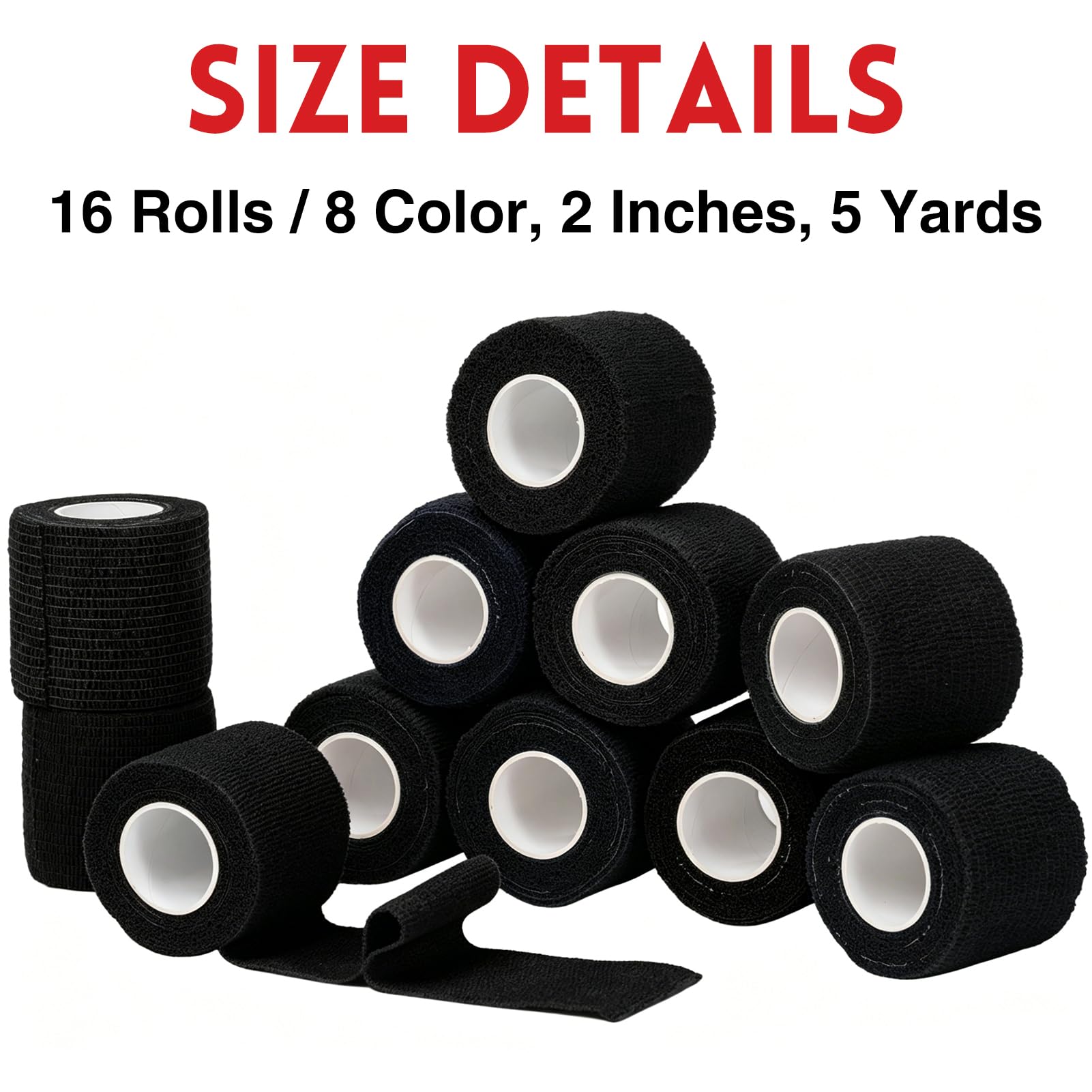 Self Adhesive Bandage Wrap, 2" X 5 Yards Elastic Cohesive Bandage Wrap, Color Athletic Tape, Vet Wrap, Ankle Tape,Non-Woven Cohesive Bandage 16Rolls，Black — Amazon image 4