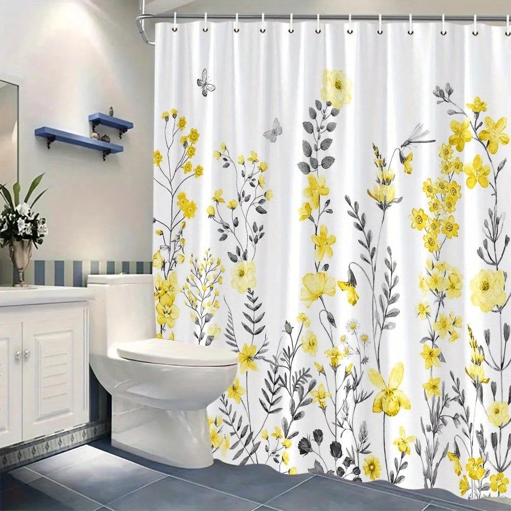 Botanischer Duschvorhang mit gelb-grauen Blumenmuster, Elegantes, natürliches Dekor mit monochromen Aquarellblumen (300 x 200 cm / 118 x 79 Zoll (B x H))