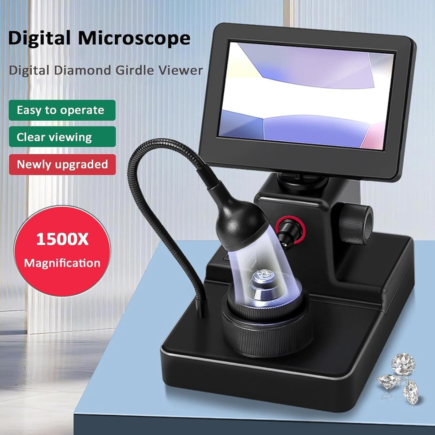 Mikroskop cyfrowy 4,3-calowy ekran LCD, 50-1500 x regulowane szkło powiększające z 2 paletami i światłem LED do oglądania biżuterii i diamentowego pasa