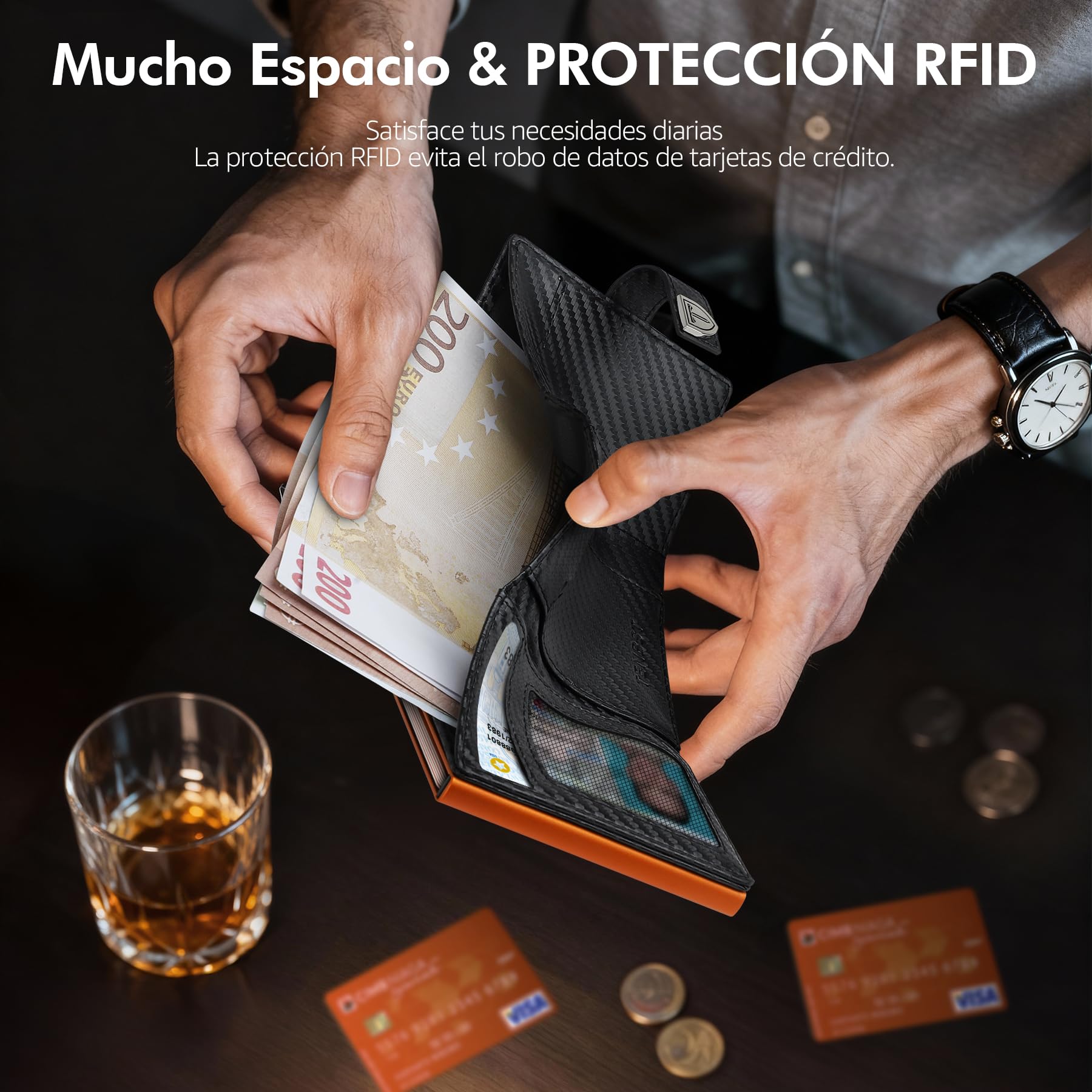 TENBST Cartera para Hombre – Cartera Ultrafina para Hombre con Compartimento para Monedas y protección RFID, Cartera Premium Fina, Cartera de Lujo para 10 Tarjetas de crédito (Negro y Naranja), Negro