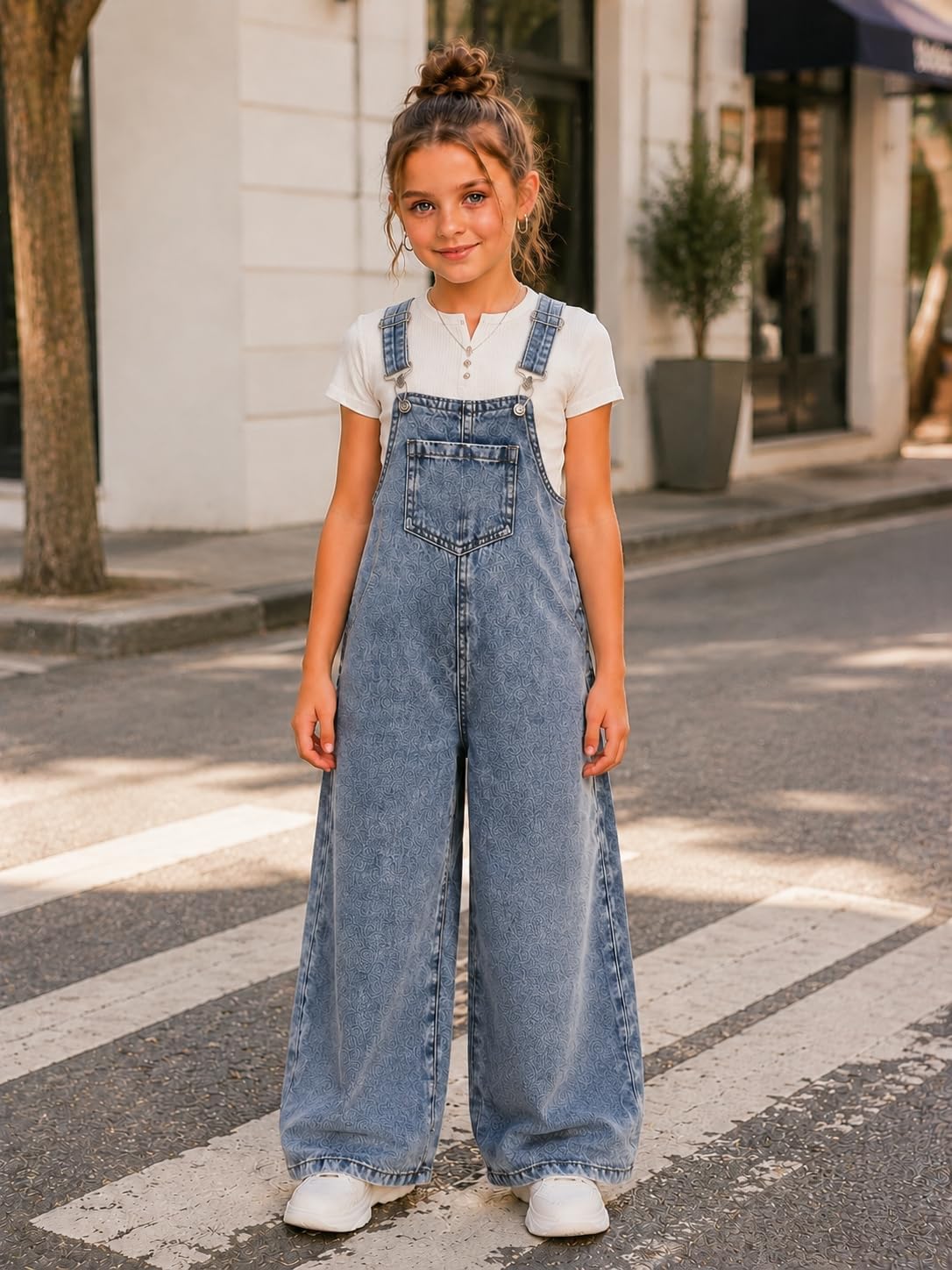 Girls Denim Overalls Kids Sleeveless Wide Leg Jumpsuit Bib Overall with Pockets 4-8 Years