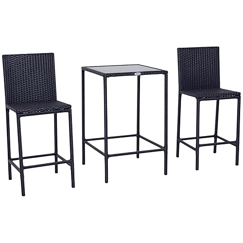 Outsunny 3pcs Rattan Bar Set with Glass Top Table, 2