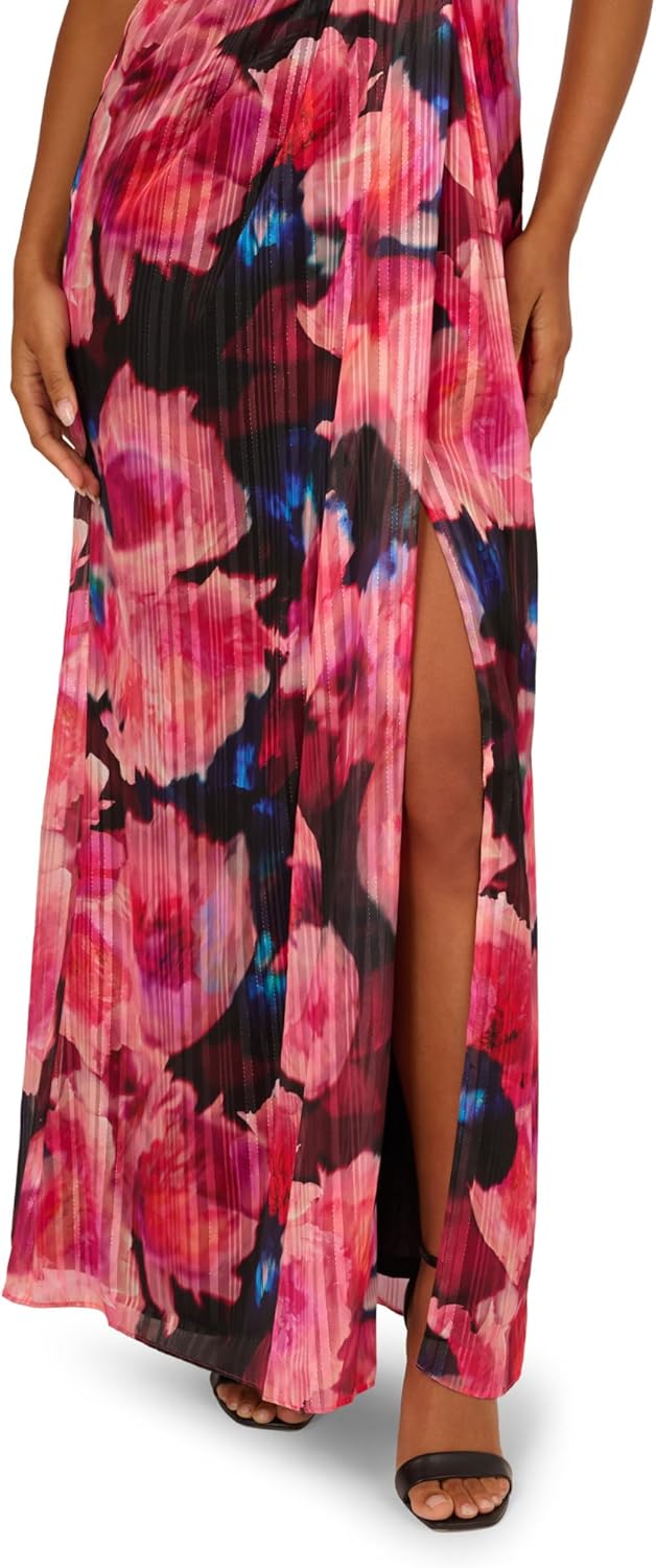 Adrianna Papell ONE Shoulder Chiffon Gown Black/Berry 6