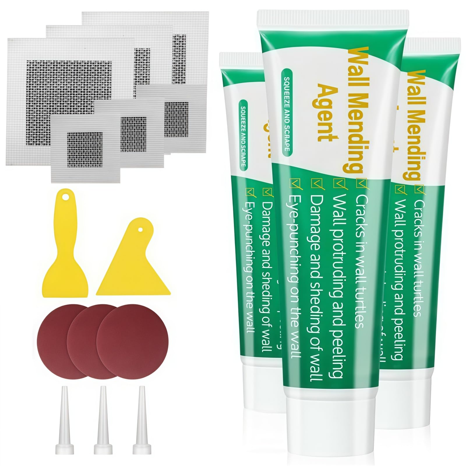 Quick Dry Wall Repair Kit,Wall Filler Repair,Wall Mending Agent with Wall Repair Paste,Scraper,Sandpaper and Wall Repair Patch,Nozzle Extender,Polyfiller for Walls,Holes,Peeling,Graffiti,Cracks