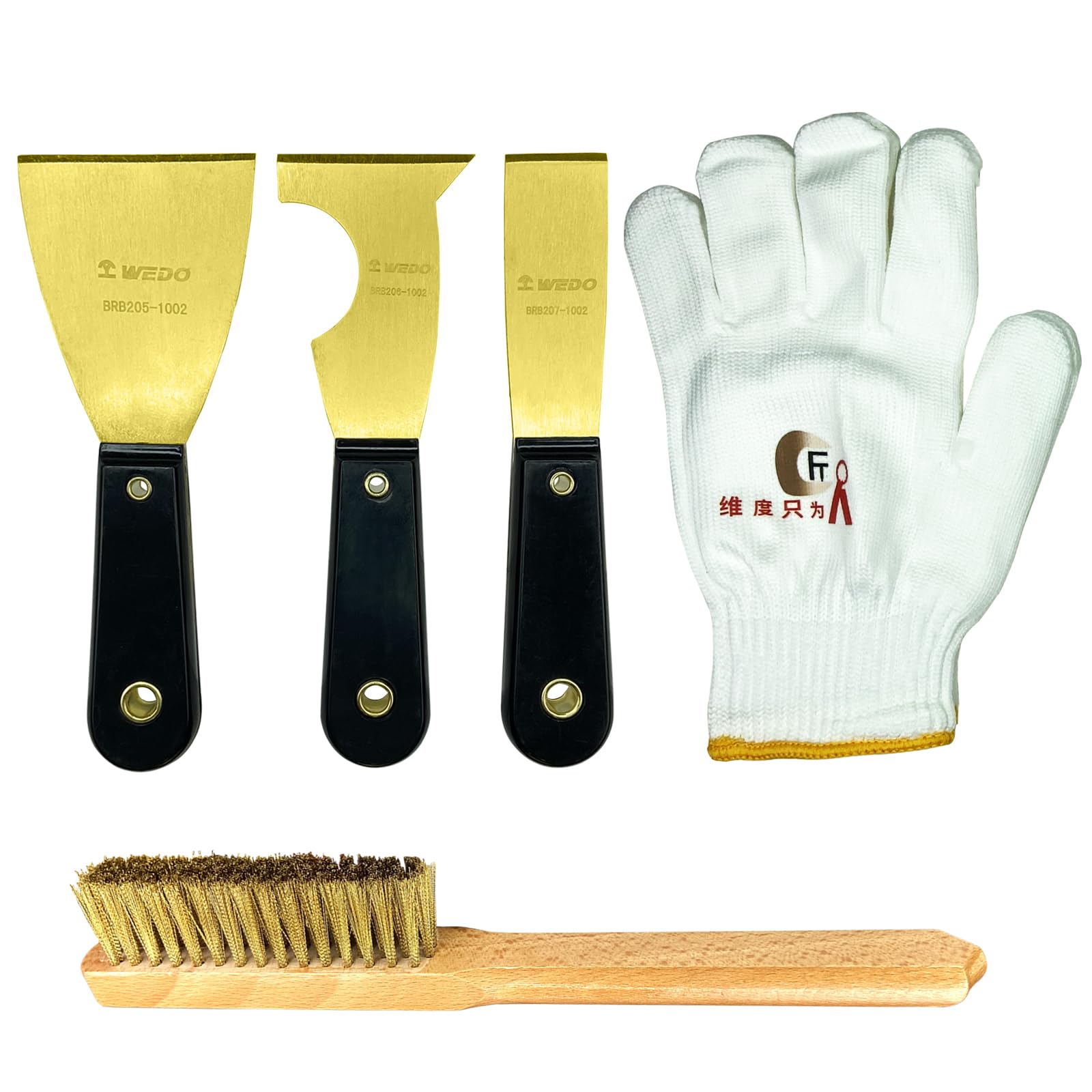 WEDO Set di 5 coltelli da stucco in ottone, lama larga 7,6 cm + lama multifunzione 6,3 cm + lama stretta 3,8 cm, raschietto per vernice con manico in bachelite, spazzola metallica in ottone da 28 cm,