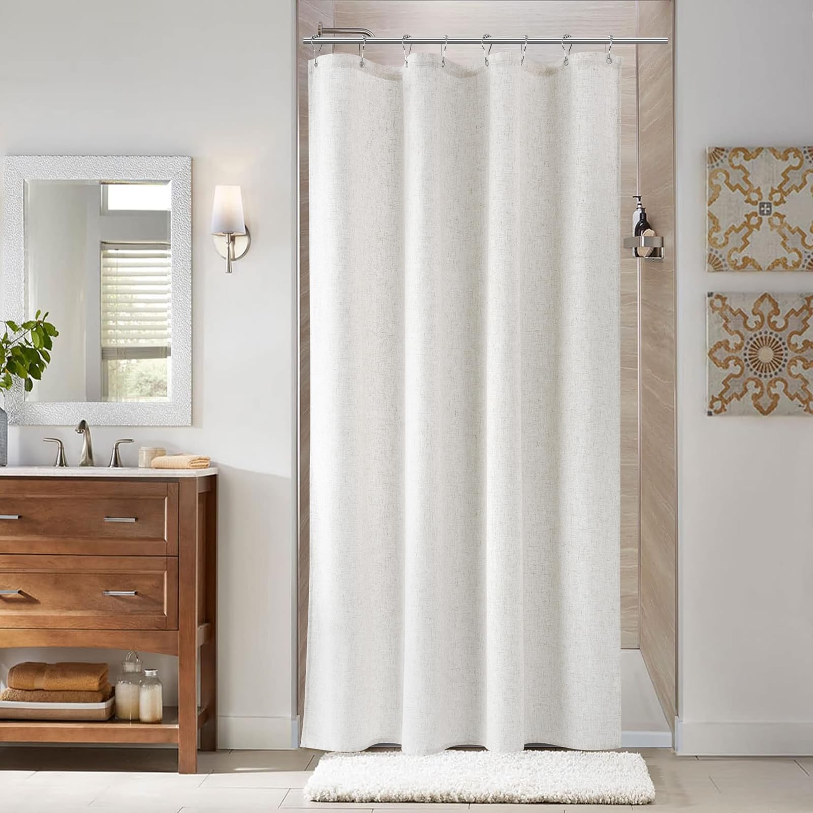 Naturoom Linen Shower Curtain 48x72 Inch for Bathroom Beige White 1 Panel