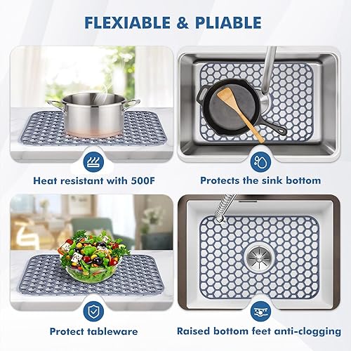 Miniatura 231 de Paquete de 2 tapetes de silicona para fregadero de 13.58 x 11.6 pulgadas, protectores para fregadero de cocina con drenaje central, rejilla Gris