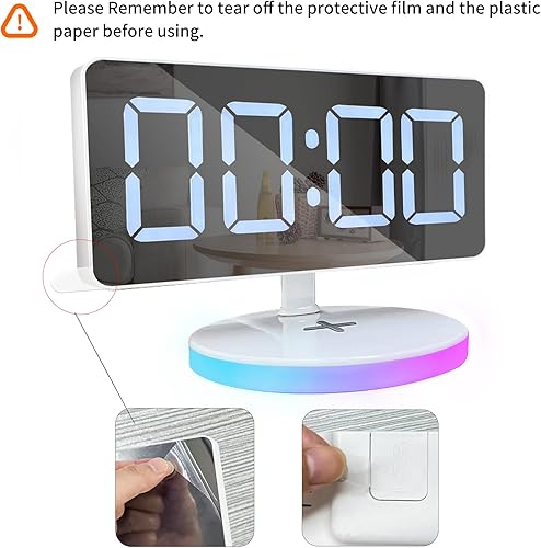 Miniatura 8 de Reloj despertador digital con carga inalámbrica, espejo de escritorio, pantalla grande con luz RGB, alarma dual, repetición, cargador USB, atenuador