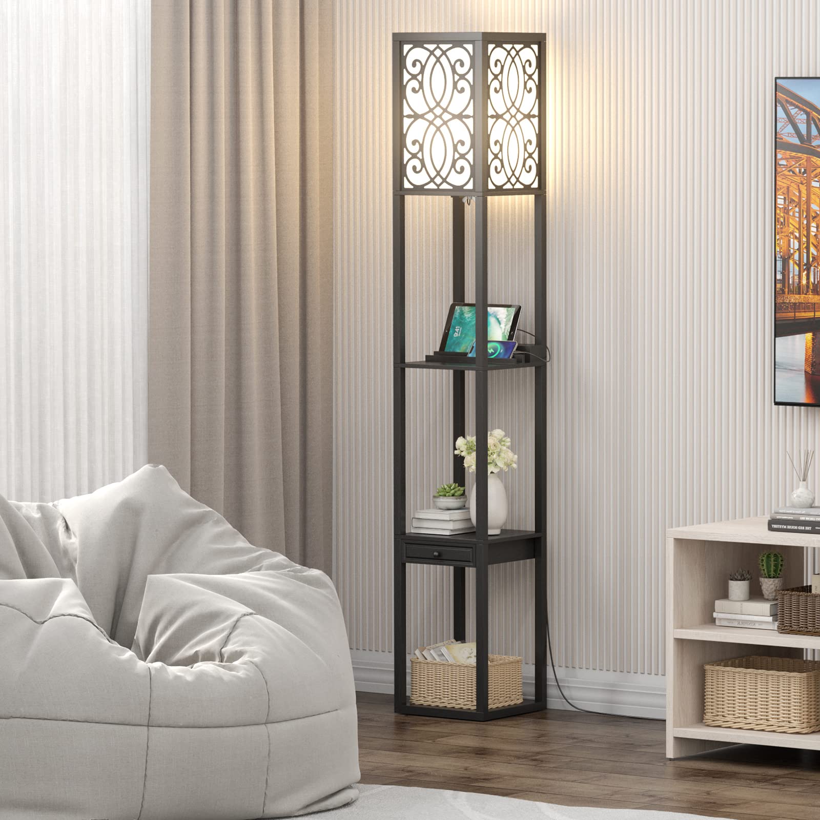COSTWAY Lámpara de Pie con 3 Estantes y Cajón, Lámpara Moderna con 2 Puertos USB, para Salón y Dormitorio (flores)