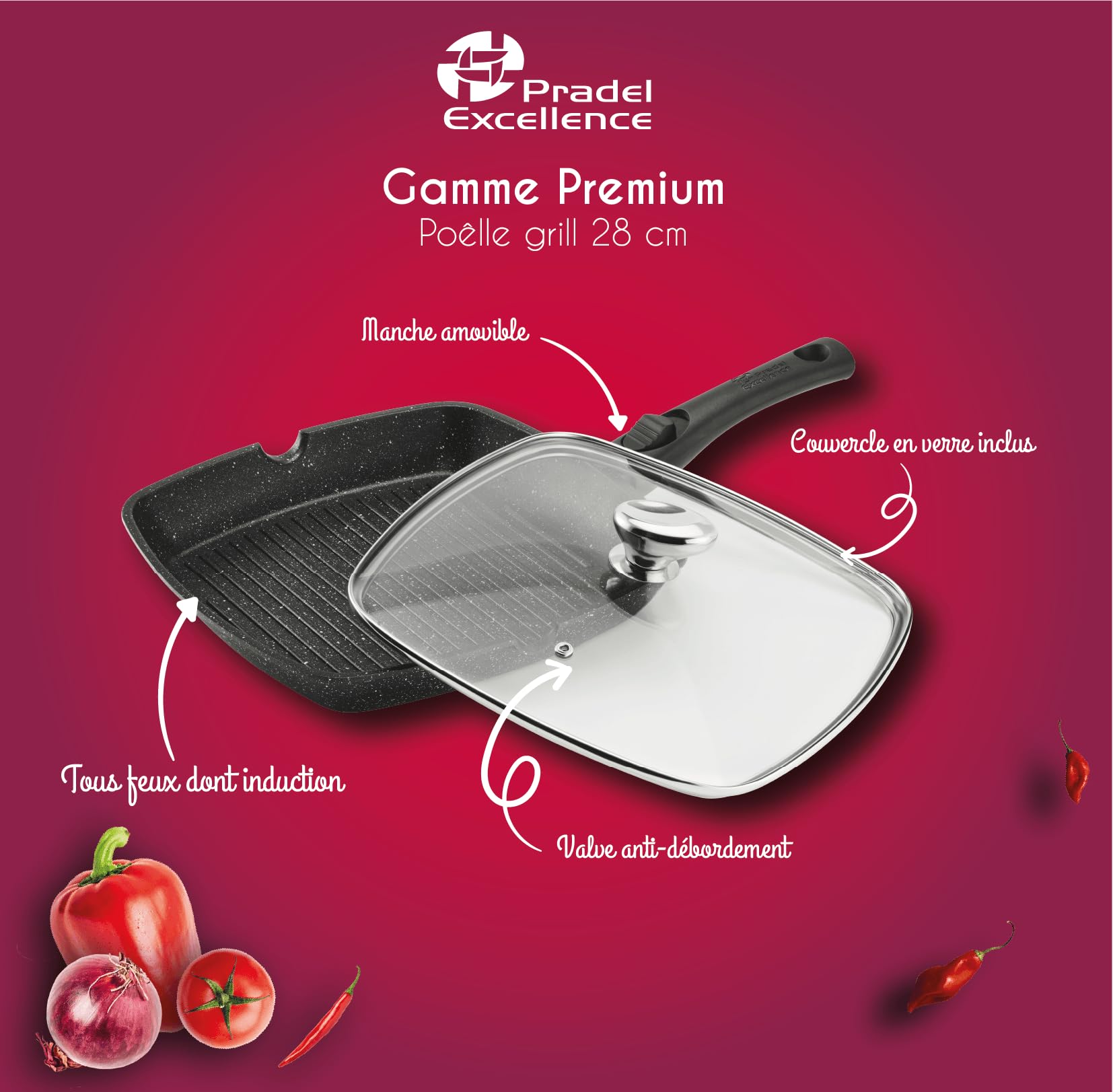Pradel Excellence - PCUI001022 - Poêle Grill en Fonte d'Aluminium 28x28cm, Couvercle Verre - Revêtement Anti-Adhésif Façon Pierre - Manche Amovible - Tout Feu, Noir