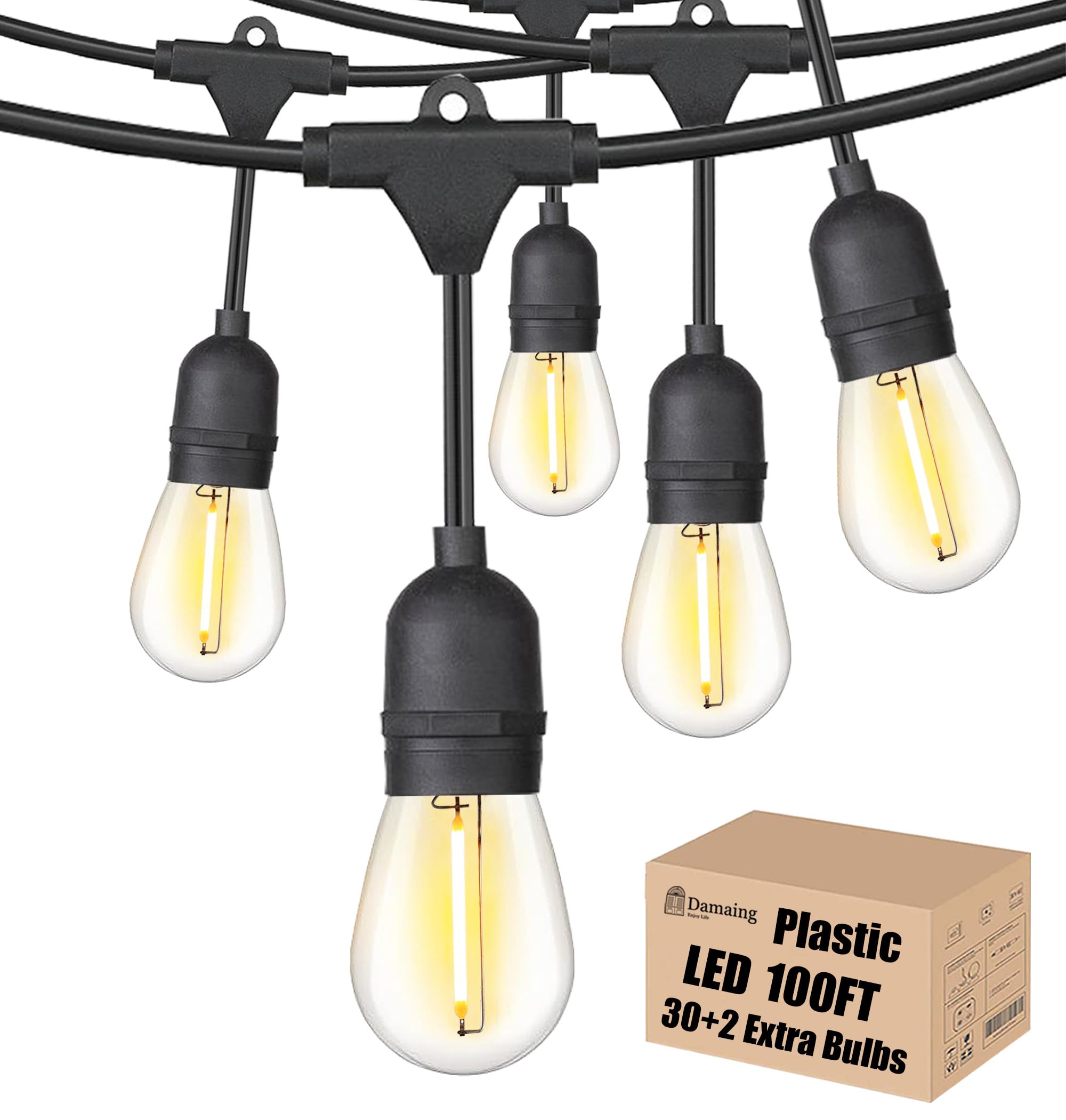 Outdoor String Lights LED 100FT Patio Lights with 32 Shatterproof S14 Dimmable Plastic Vintage Edison Bulbs and Commercial Grade Waterproof Strand Lights String for Porch Market Cafe String Lights