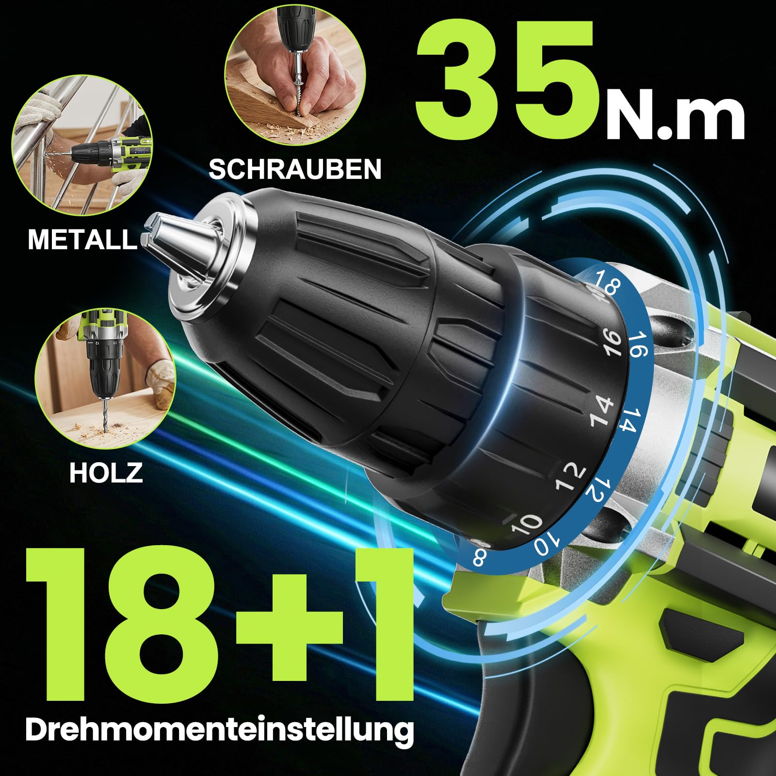 12V klein Akkuschrauber Set, Akku bohrschrauber mit 2 * 2000 mAh Akkus, 3/8" Bohrfutter, 18+1 Drehmoment, Led lichter & 2-Gang, 35 Nm Max. Akku bohrmaschine (Profi-Ausführung)