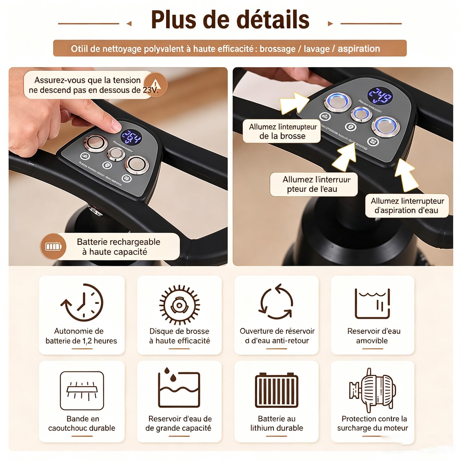 Autolaveuse Verticale et Aspirateur Nettoyeur Sol, Design Compact, Double Brosse Rotative 360°, Nettoyage en Profondeur pour Carrelage et Parquet Blanc-220V