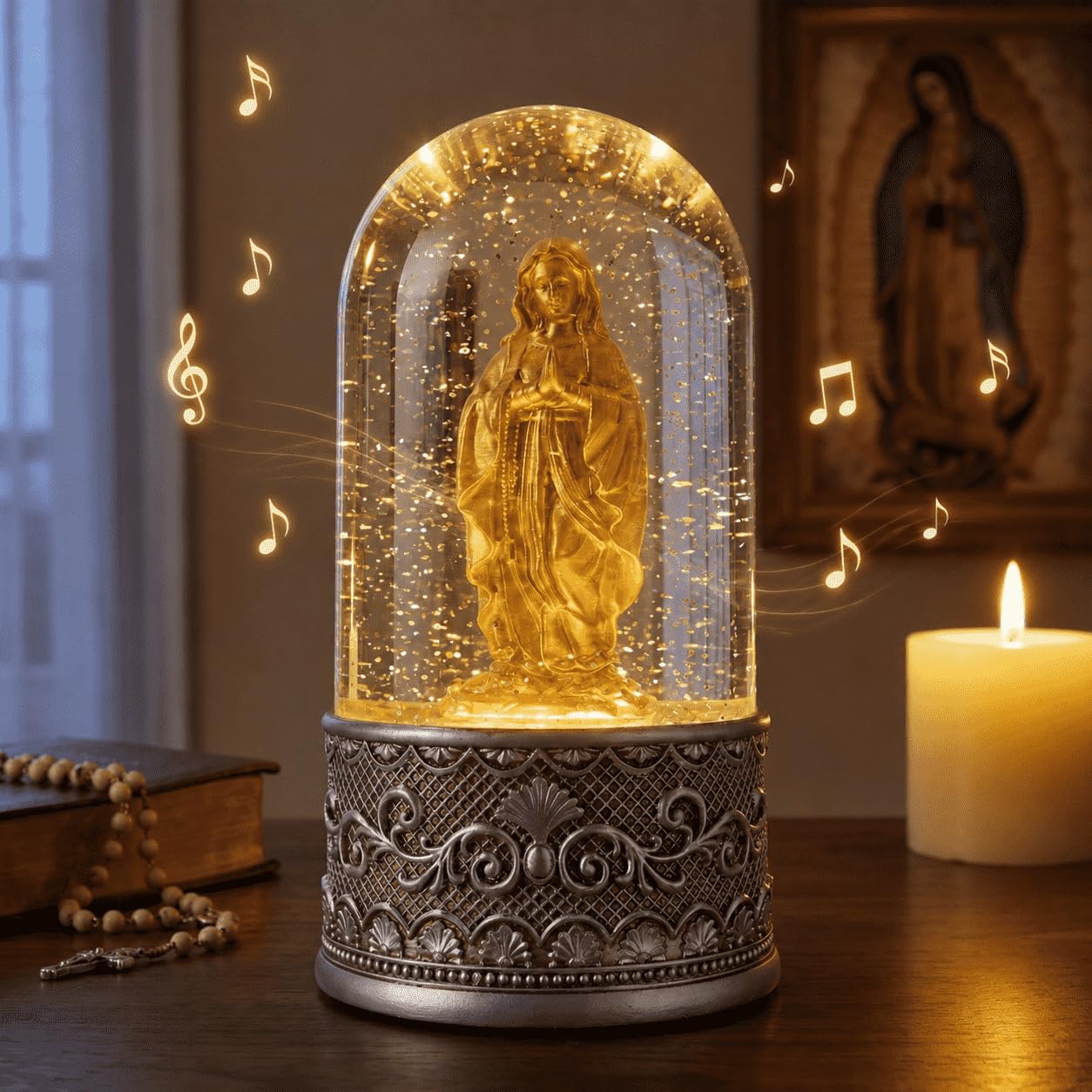 Catholic Virgin Mary Water Glitter Snow Globe with Silent Night Music, Mother Mary Statue Night Light with 6 Hours Timer, Religious Gifts for Women Mom Grandma, Prayer Room Decor, Silver
