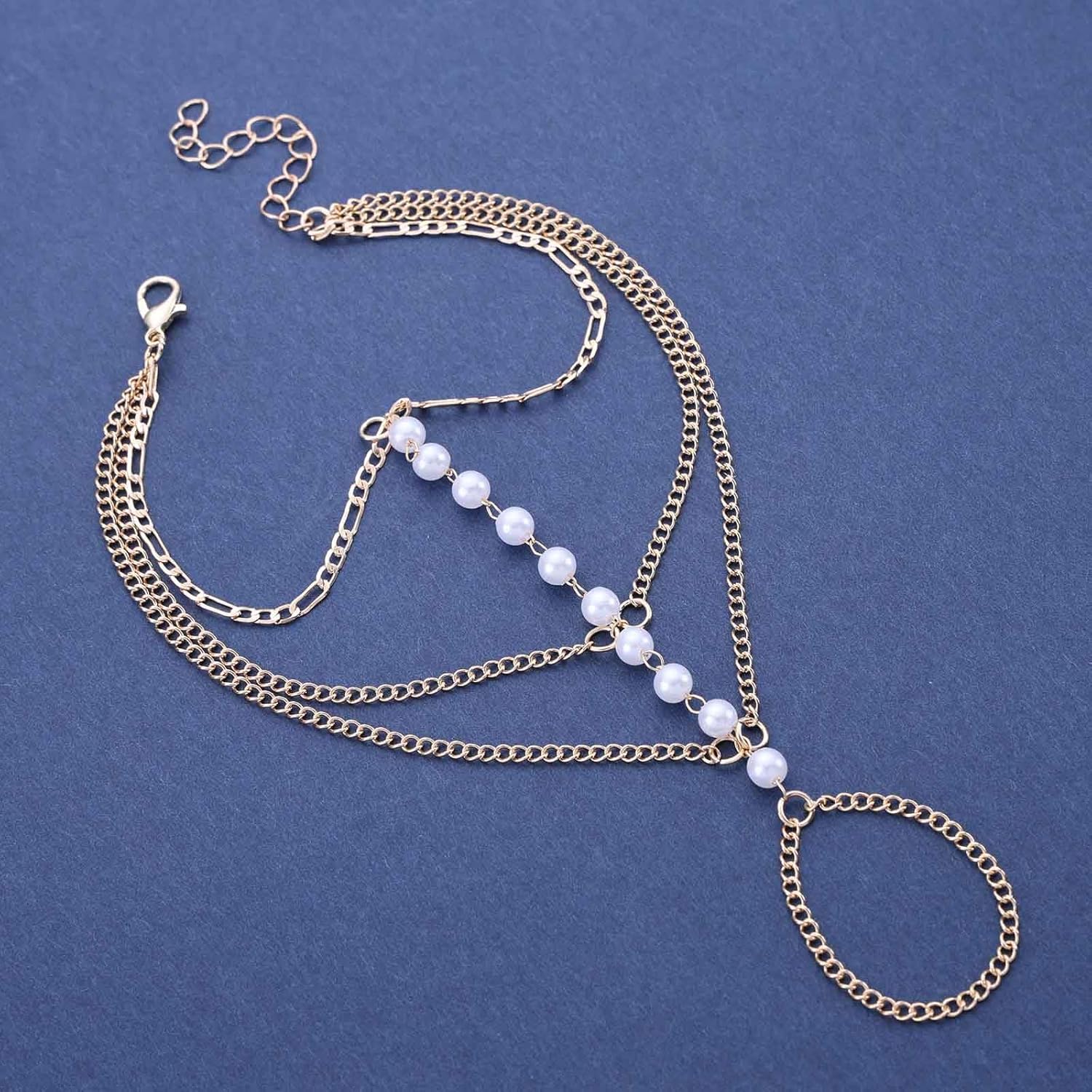 Vintage Layered Pearl Finger Ring Bracelet Gold Pearl Slave Bracelet Pearl Ring Wrist Bracelet Boho Pearl Chain Bracelet Pearl Slave Hand Harness Chain Bracelet Jewelry for Women - Image 3