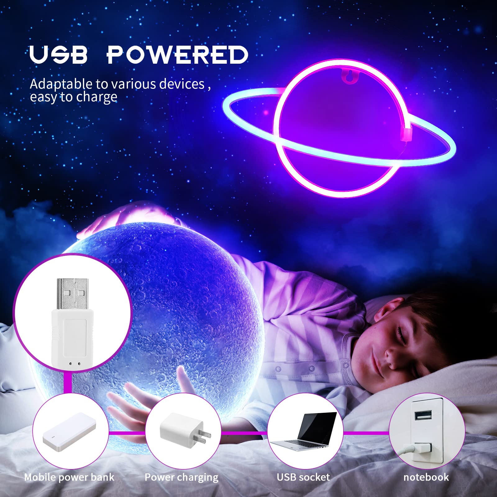 Alieno Razzo Pianeta Insegne Al Neon a LED Decorazione da Appendere a Parete Artistica Luce Notturna da Comodino Funziona a Batteria/USB per la Camera Dei Bambini, Festival, Compleanni, Feste