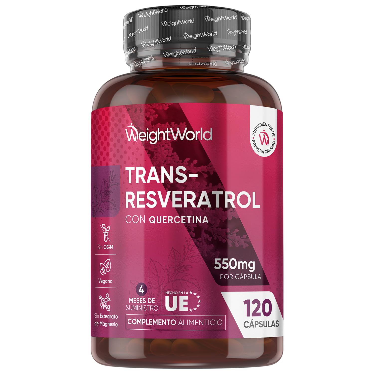 Trans Resveratrol con Quercetina 550mg - 120 Cápsulas de un 98% de Knotweed Japonés y Sophora Japonica - 4 Meses de Suministro - Apto para Veganos