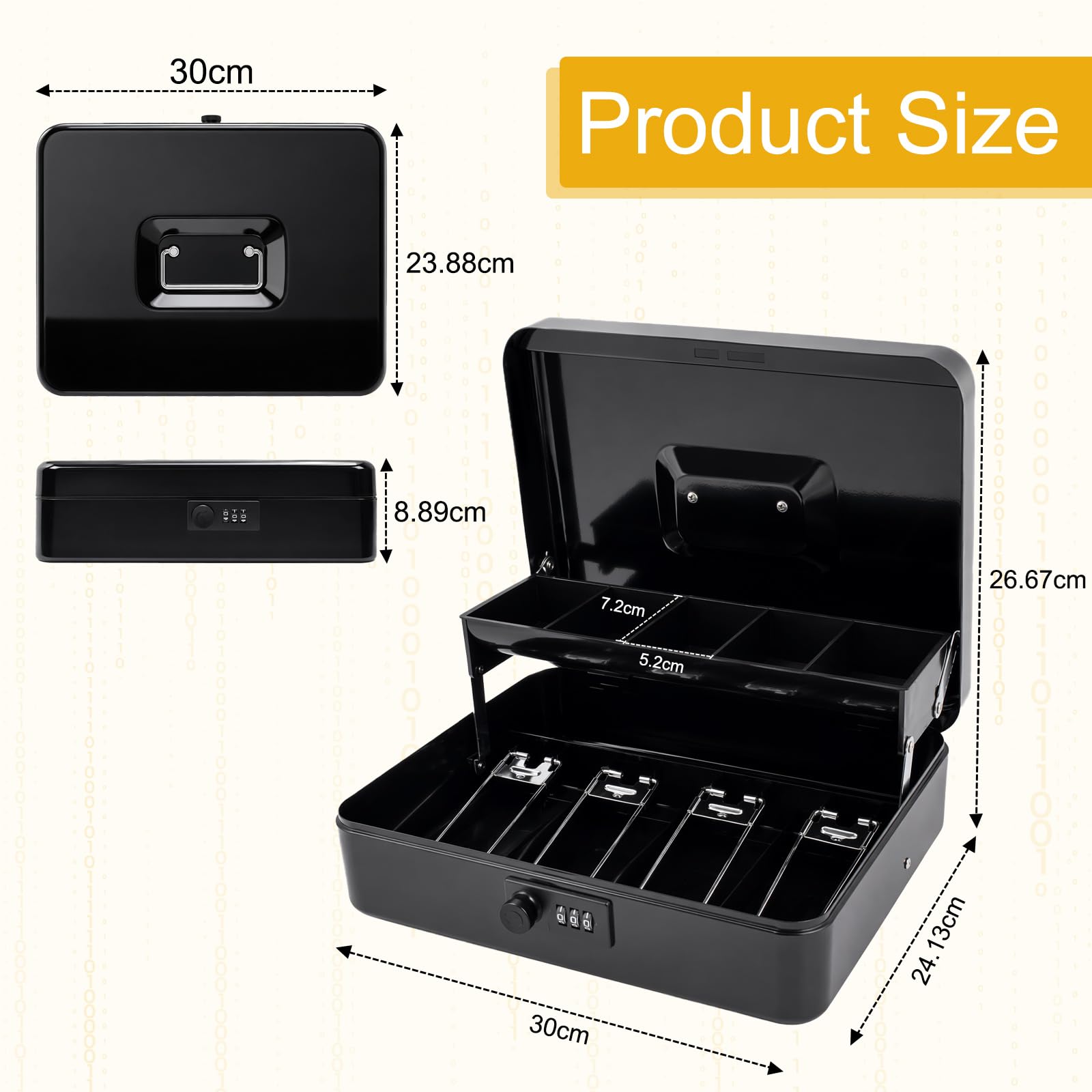 Cyiecw Cassetta con Combinazione Numerica a 3 Cifre, Porta Soldi con Inserto per Monete e 4 Scomparti, Valigetta in Ferro, Portavalori, per Casa, Ufficio, Eventi, 30x24x9cm
