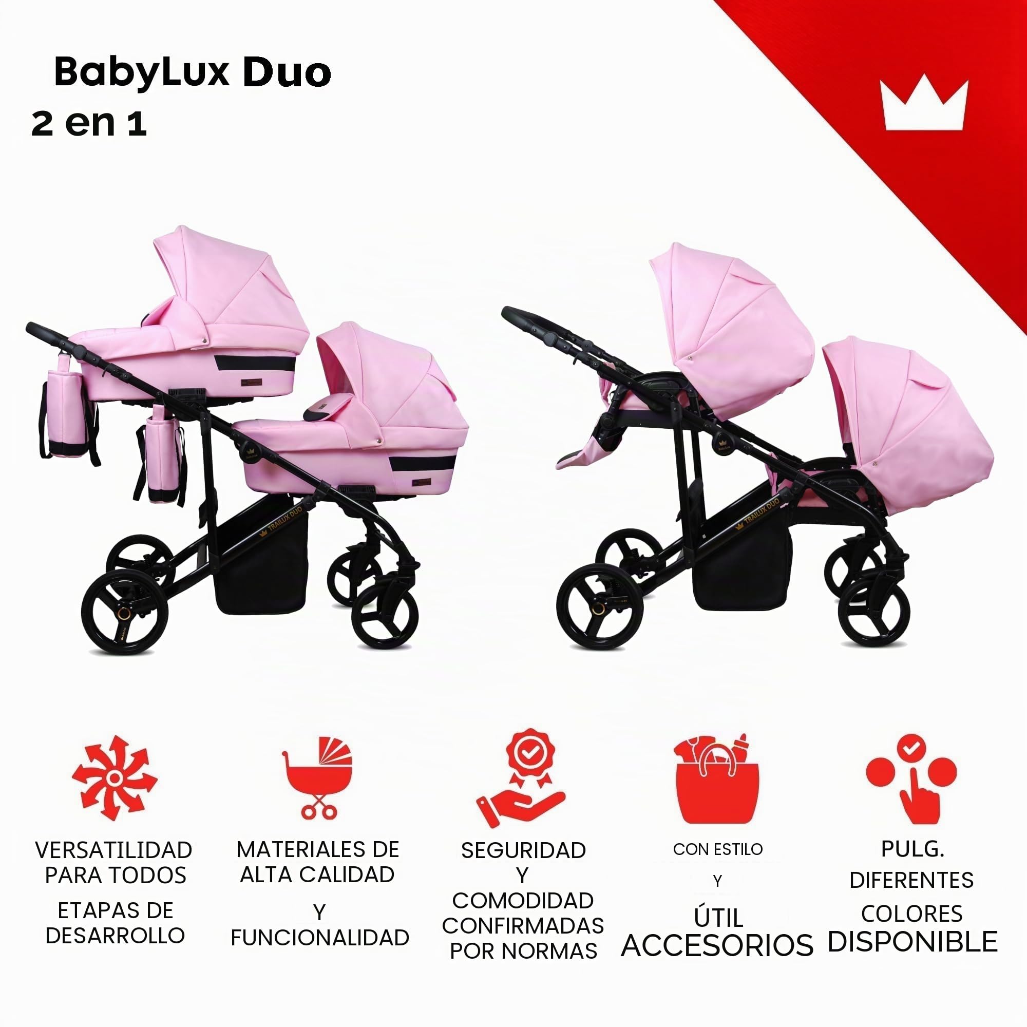 BabyLux® Carrito de Bebé para Gemelos Sistema de Viaje Set 2 en 1 - Duo - Light Pink -incl. Capazo, Silla de Paseo - Cochecito - Bolso cambiador, Cubierta para la lluvia, Mosquitera, Portavasos etc.