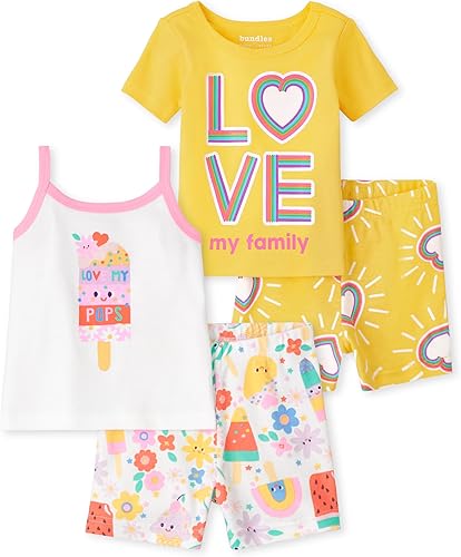 The Children's Place Conjunto de pijama de 4 piezas para niñas pequeñas, 100 % algodón, camiseta de manga y pantalones cortos