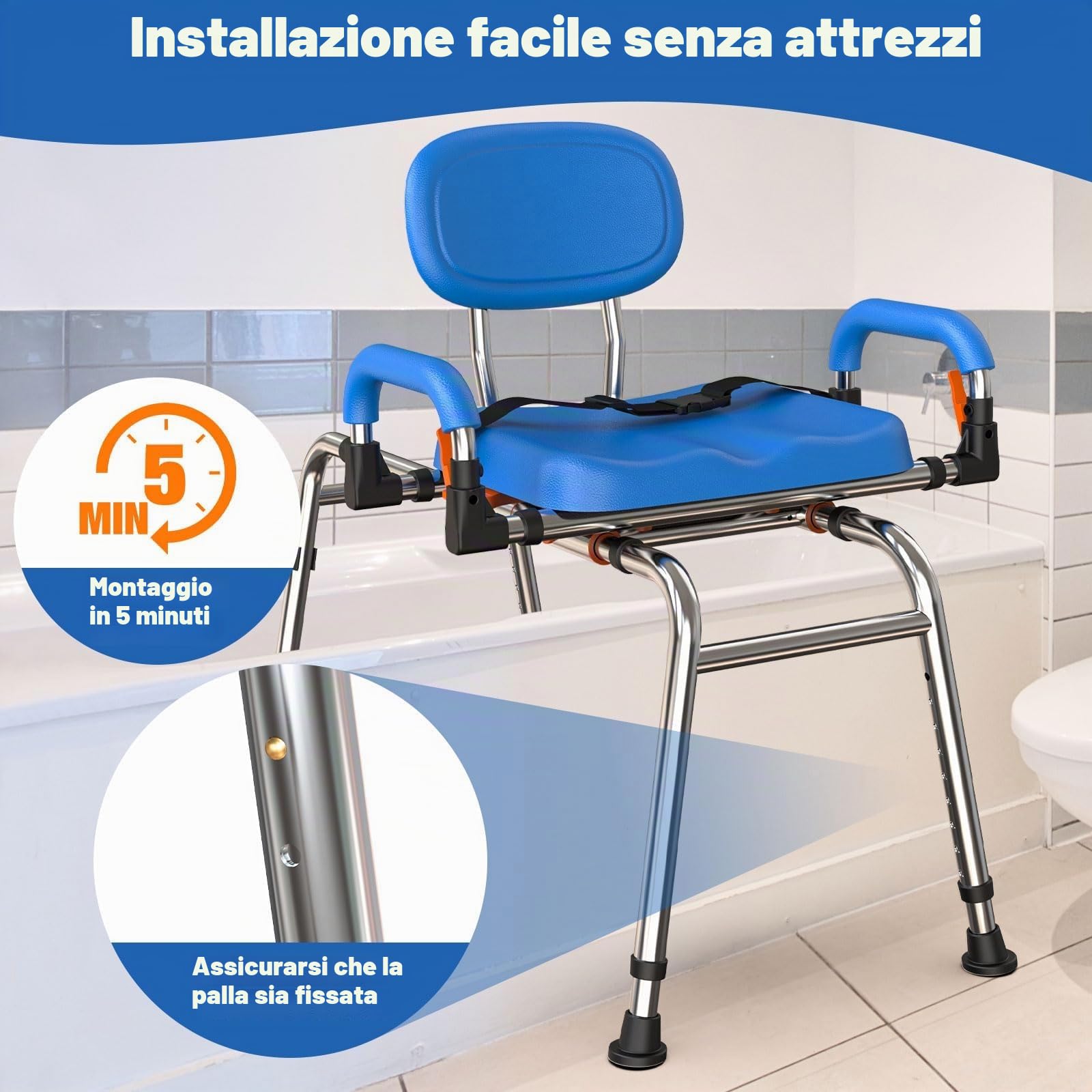 Sedia doccia girevole 360° e scorrevole, portata 204 kg. Regolabile in altezza, braccioli imbottiti, piedini antiscivolo. Sicura e confortevole per doccia e vasca (Blu intenso)
