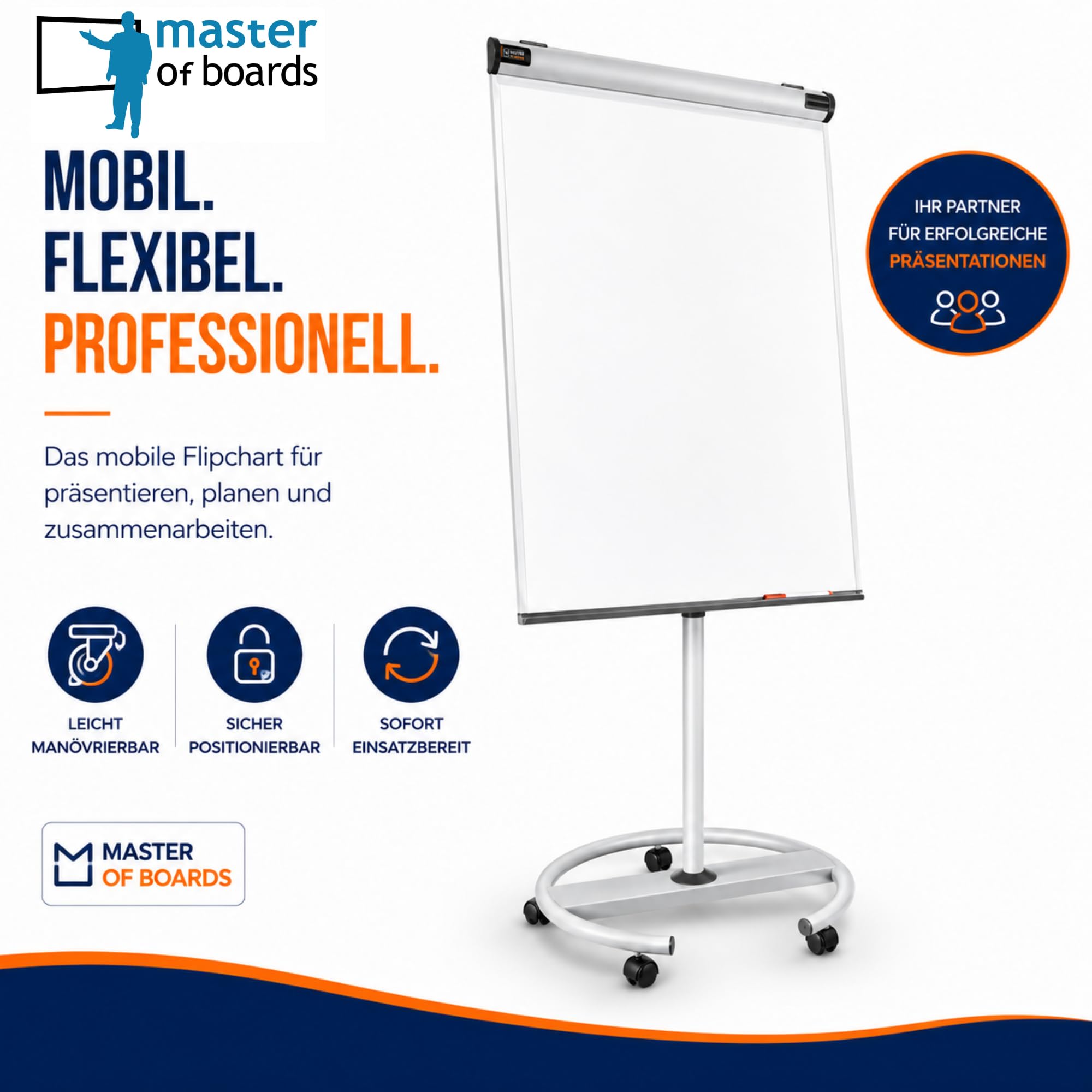 Flipchart | Elegible con soporte de tres patas o pie de rodillo | Escribir, lavable, magnético | Soporte de papel variable para bloques de diferentes tamaños (Shark Premium)