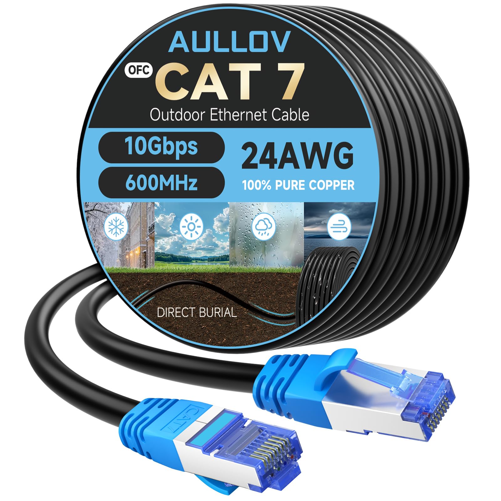Cavo Ethernet per esterni Cat 7 da 300 piedi, 24 AWG Cavo Internet in rame puro F/FTP schermato, cavo LAN impermeabile per sepoltura diretta, LLDPE, UV, In-Ground, 10 Gbps 600 Mhz, POE, Rete