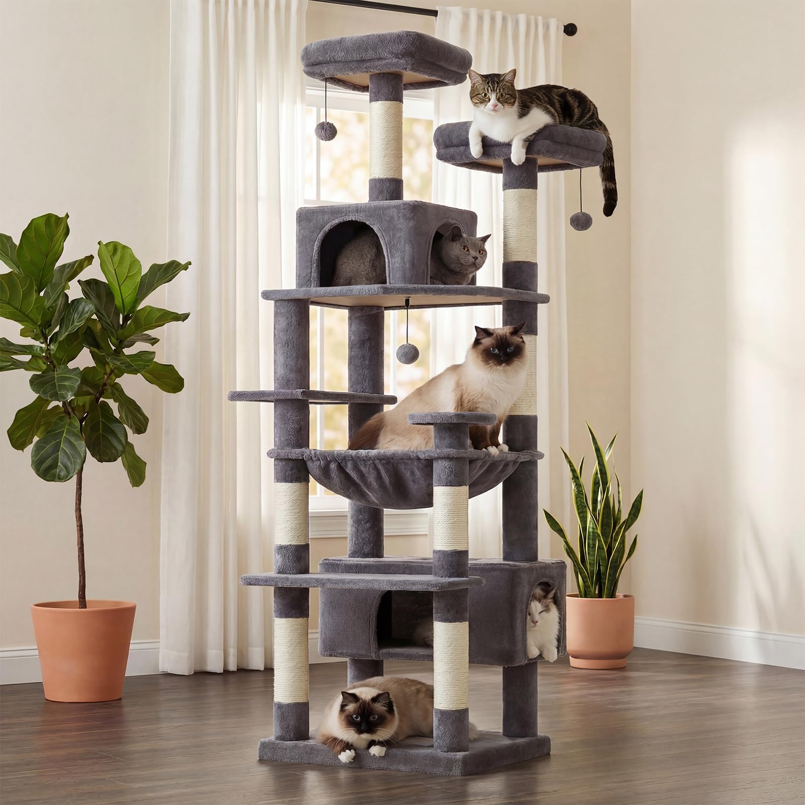 PAWZ Road Large Cat Tree, 72 Inches Cat Tower for Large Cats, Cat Condo with Sisal-Covered Scratching Posts and Pads, 2 Padded Perch, Dual Condo and Basket for Indoor Cats-Dark Gray